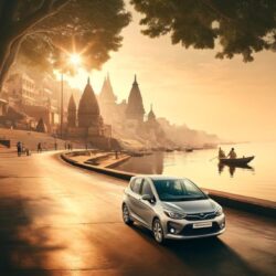 DALL·E 2024-04-22 13.04.23 - A serene image depicting the ease of navigating Varanasi with a rental car. The scene shows a modern, sleek car driving along the peaceful banks of th
